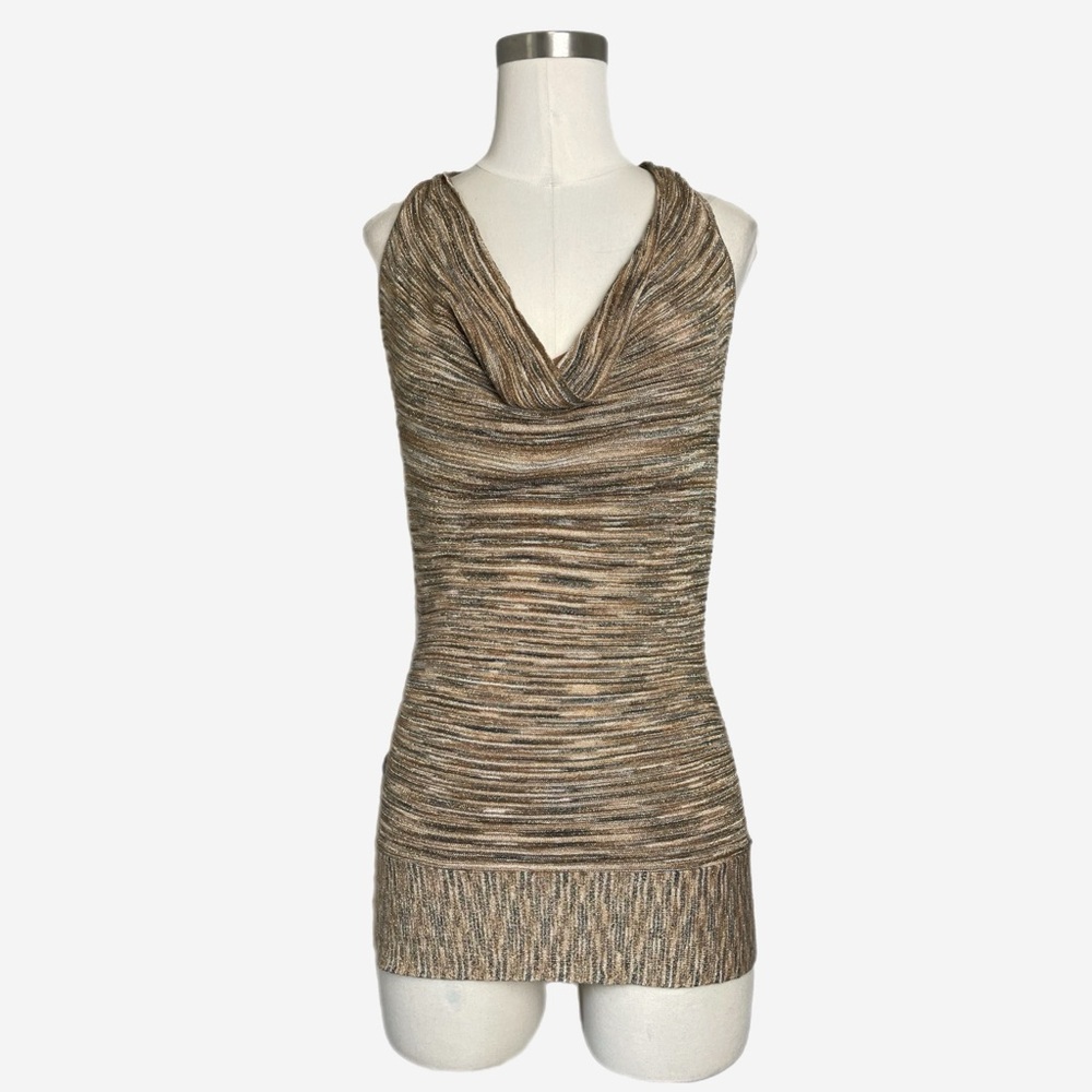 Cache brown space dye metallic silk knit sleeveless cowl neck halter tank M/L